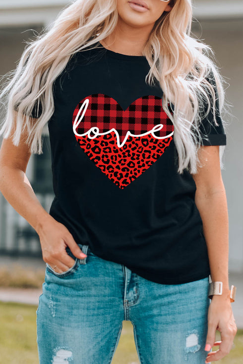 Black Love Leopard Plaid Heart Shaped Crewneck T Shirt